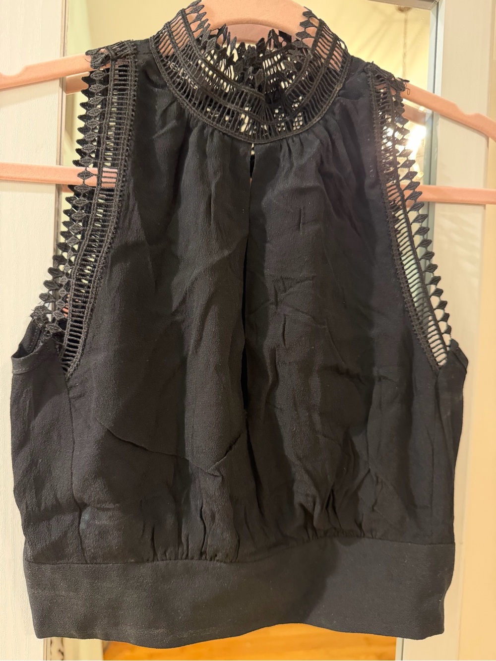 Bebe Sleeveless Crochet-Yoke Black Women's Crop Blouse